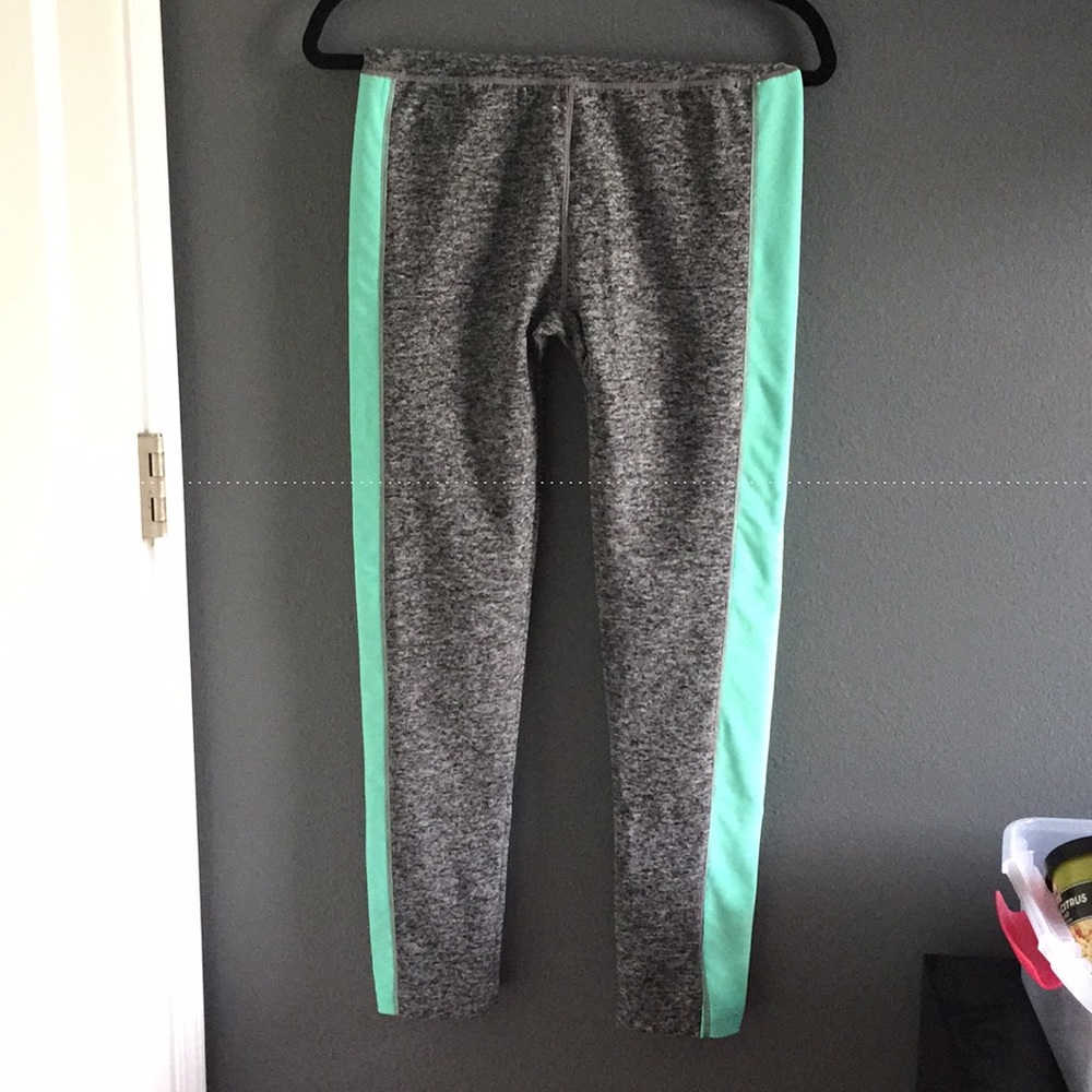 gray and teal athletic pants